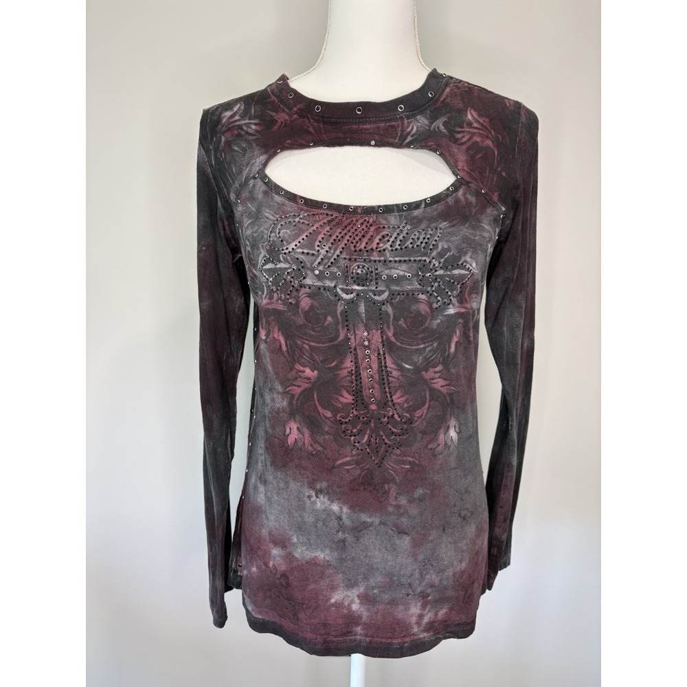 Affliction Long Sleeve Shirt Size Large Y2K‎ Rhinestones Cutout neckline